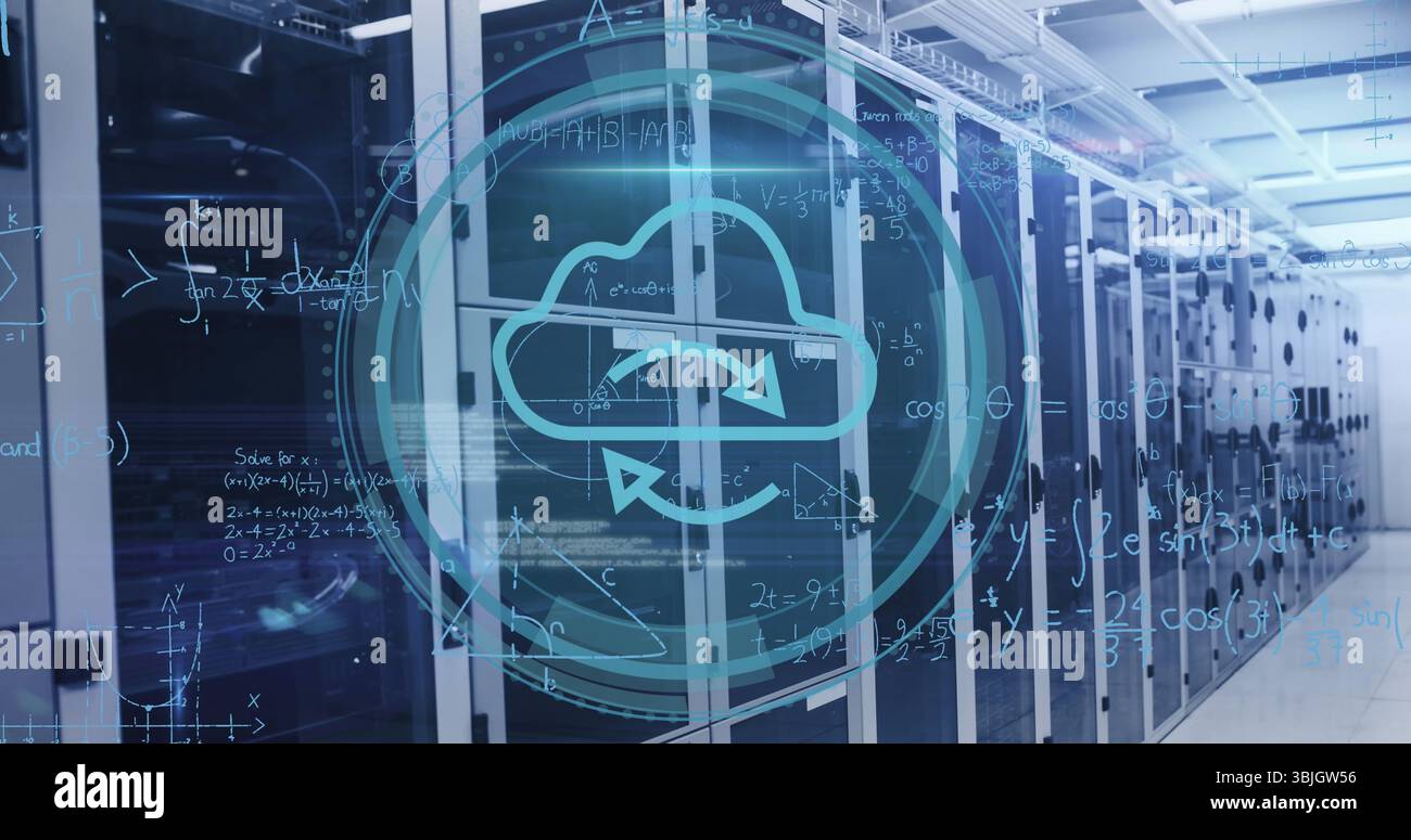 Showing translucent cloud computing icon floating above data center corridor, lined by server racks Stock Photo
