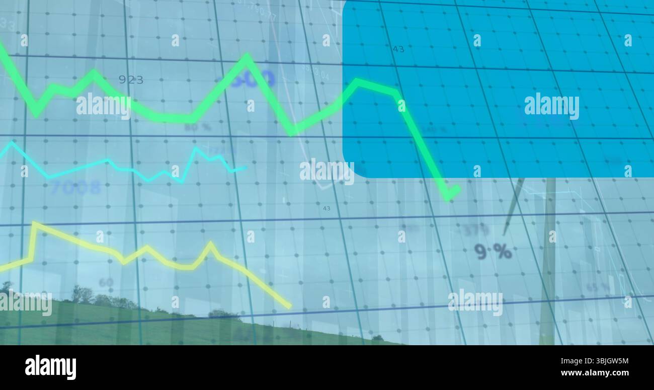 Gridlines and three color line charts overlaying grassy hillside ...