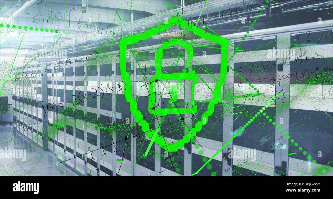 Shielding green digital shield icon protecting data in secure data center, with server racks Stock Photo