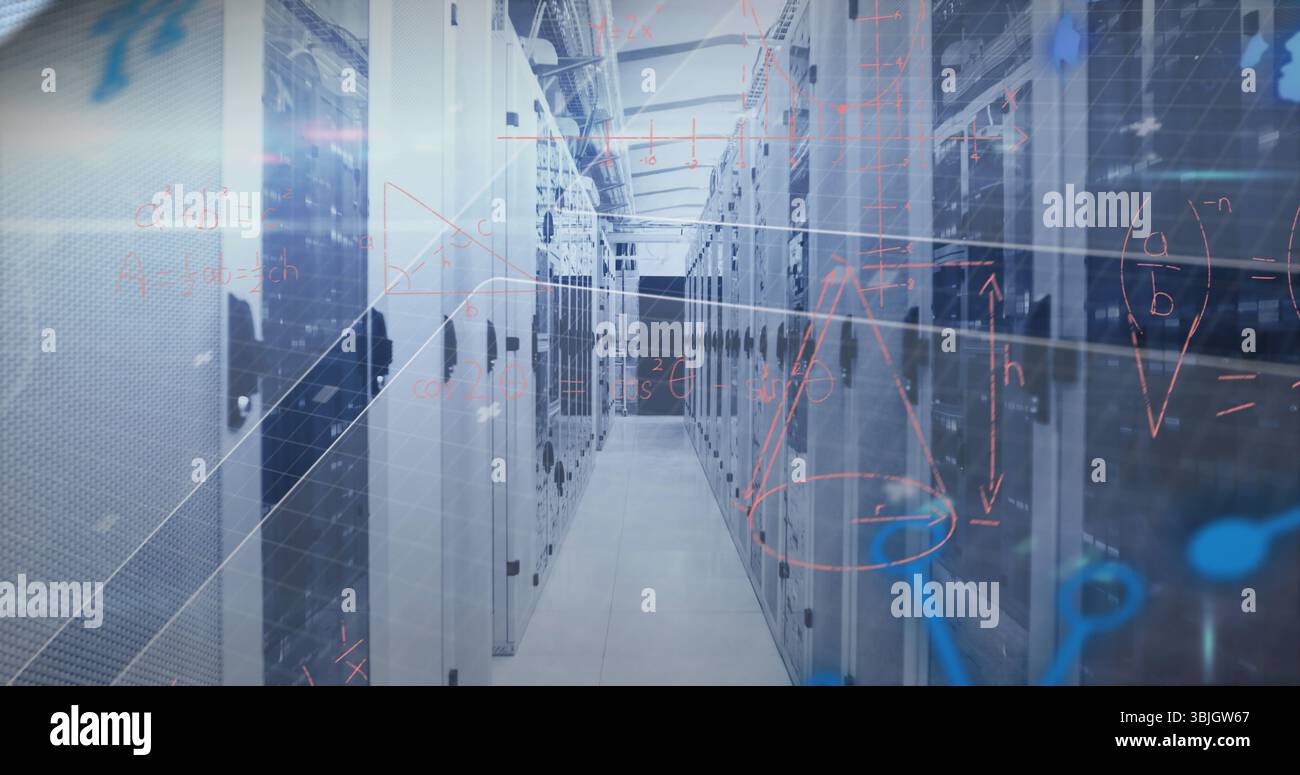 Showing empty aisle reflecting lights in server room, with server racks and schematic overlays Stock Photo