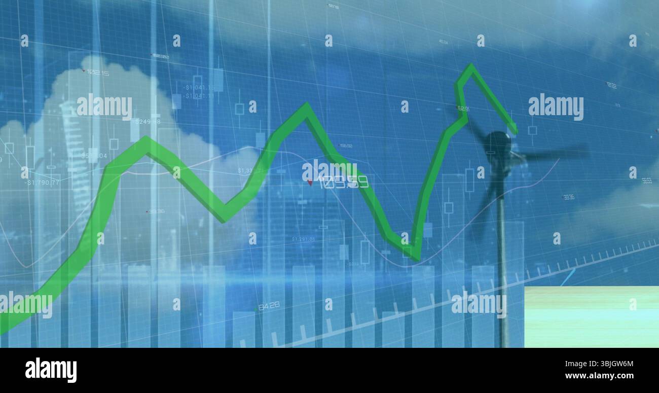 Rotating wind turbine in grid with green line graph candlestick bar ...