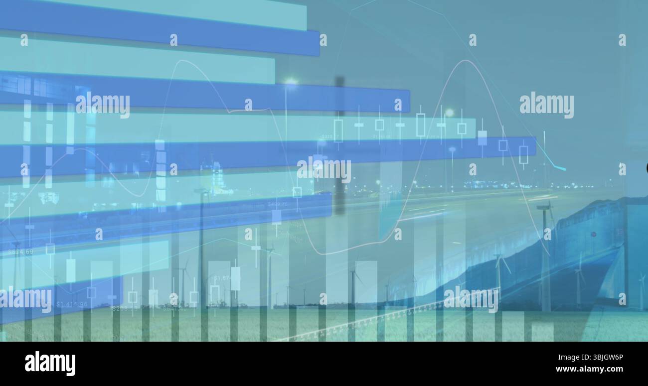Displaying data overlay blending port at dusk, with cranes, wind ...