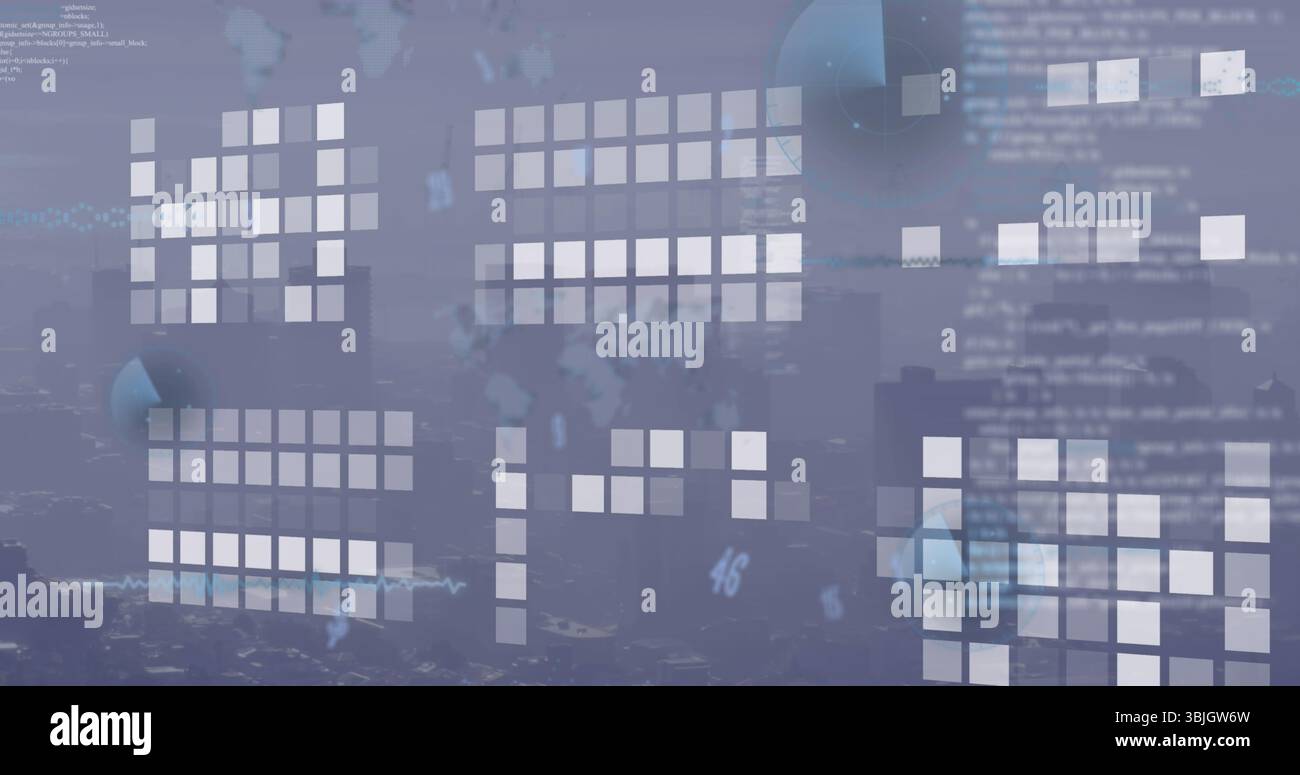 Displaying cluster of translucent grid panels overlaying blurred dusk skyline, with code and charts Stock Photo