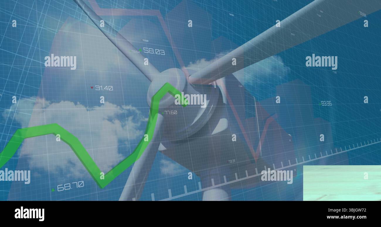 Displaying wind turbine hub rotating under blue sky with grid overlay ...