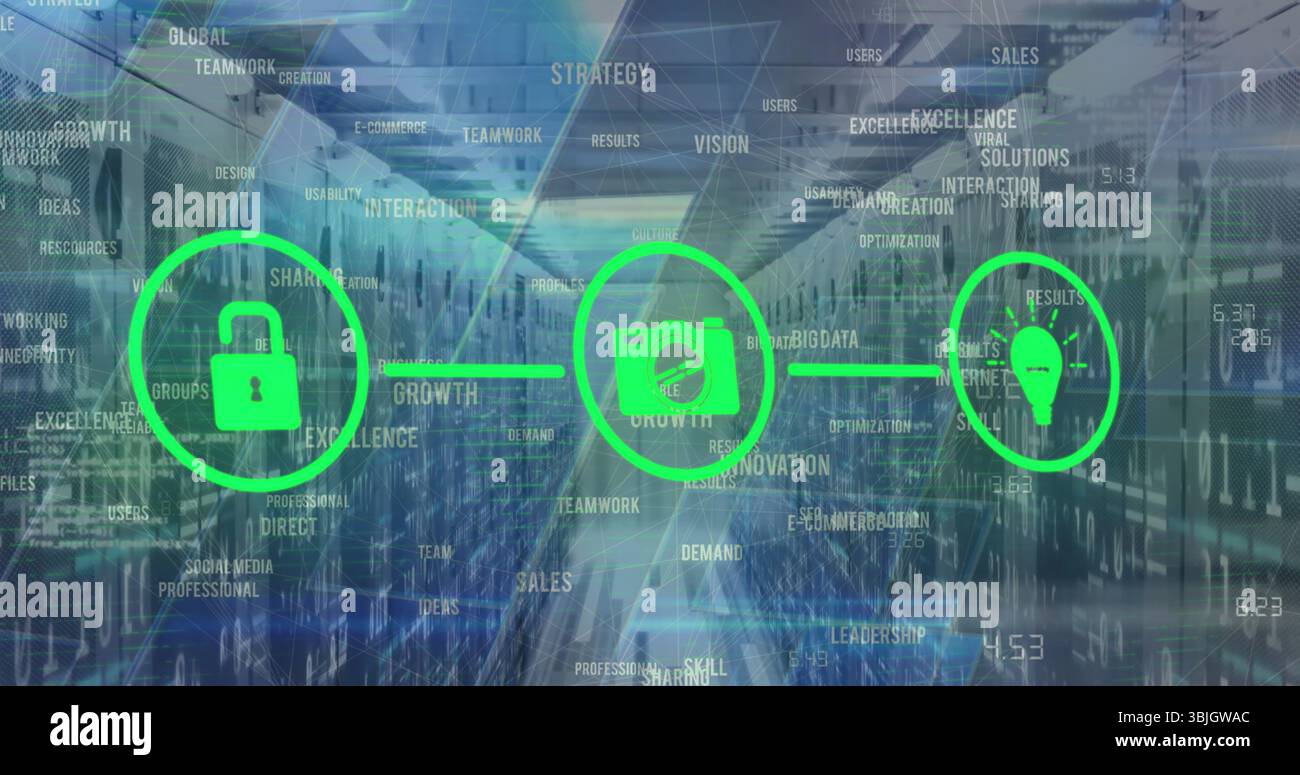 Displaying green camera icon over server room corridor with server racks floating buzzwords Stock Photo