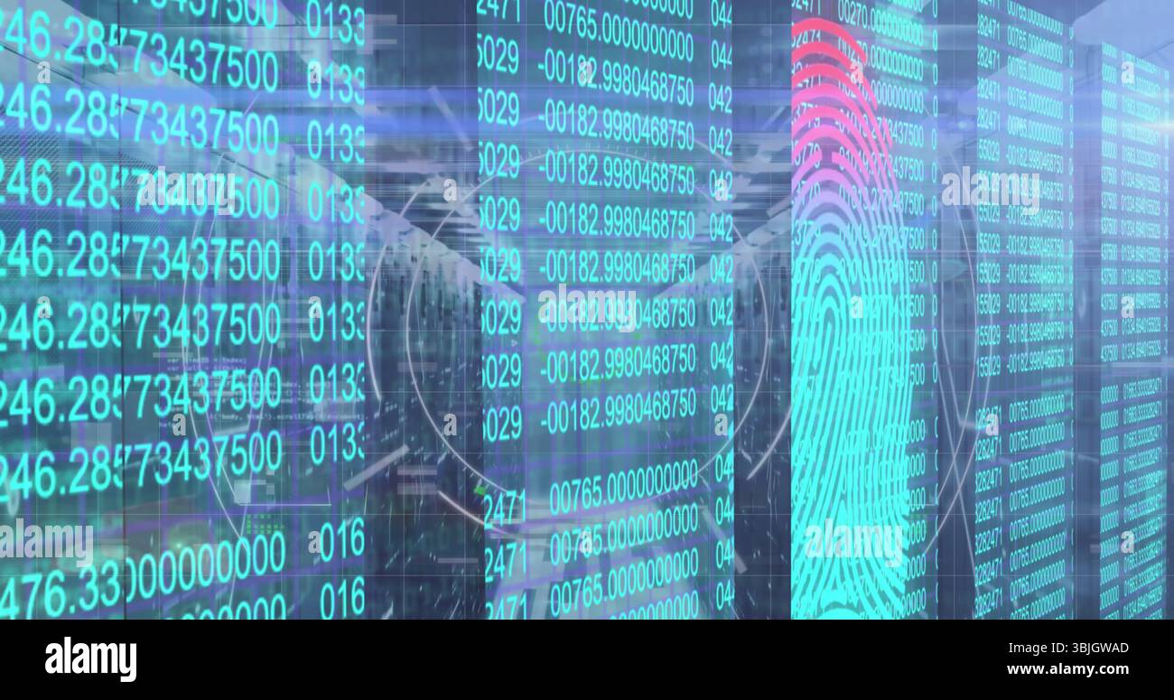 Displaying turquoise fingerprint graphic overlaying scrolling numeric code in server rack aisles Stock Photo