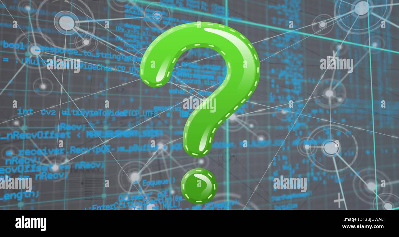 Floating 3D green question mark hovering over digital interface with code, network lines and nodes Stock Photo