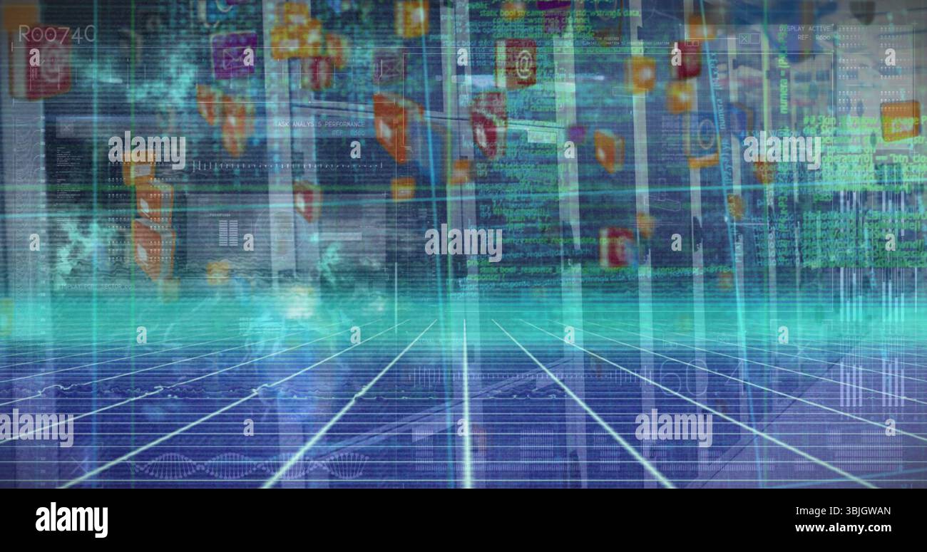 Displaying glowing grid environment extending through virtual space with app icons and data pillars Stock Photo