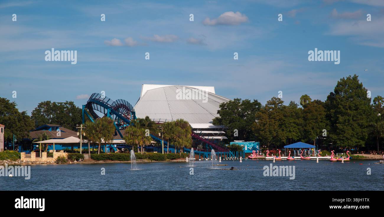 Orca Stadium The lake, rollercoaster and Orca Encounter stadium in the Sea World ...