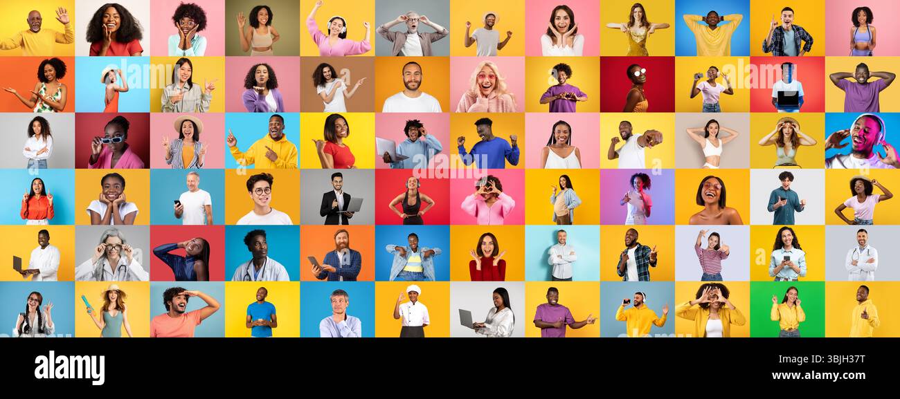 Diverse group of people showcasing expressions in vibrant colors Stock ...