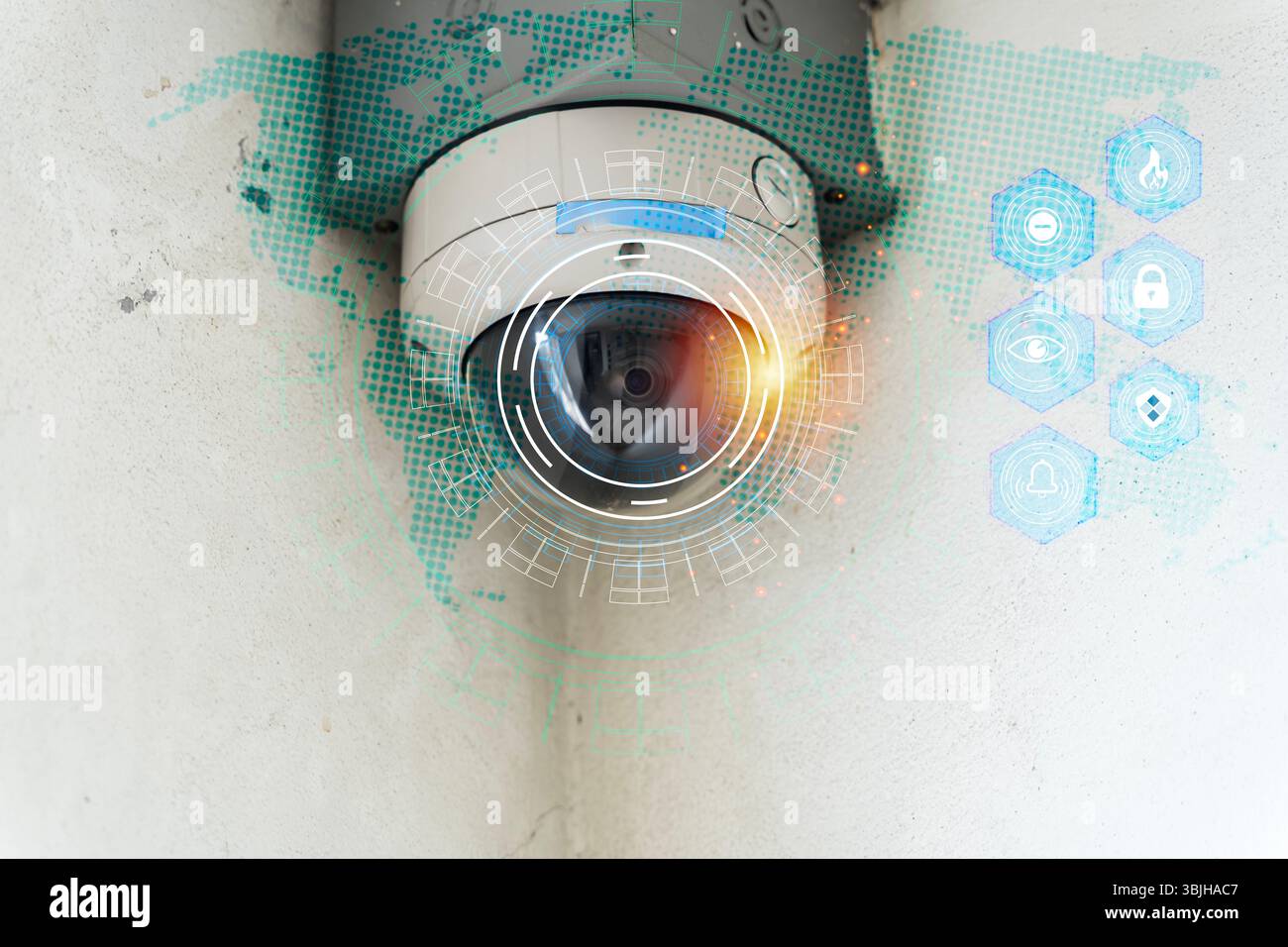 Futuristic CCTV surveillance camera with digital interface, cyber security icons, and smart monitoring technology. Concept for AI security, network pr Stock Photo