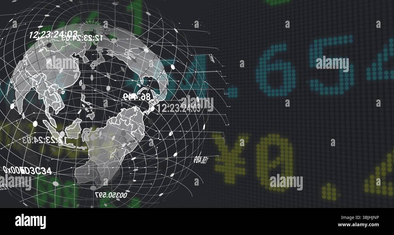 Rotating map-outlined wireframe globe on virtual screen, floating timecodes, hex codes, ¥ values Stock Photo
