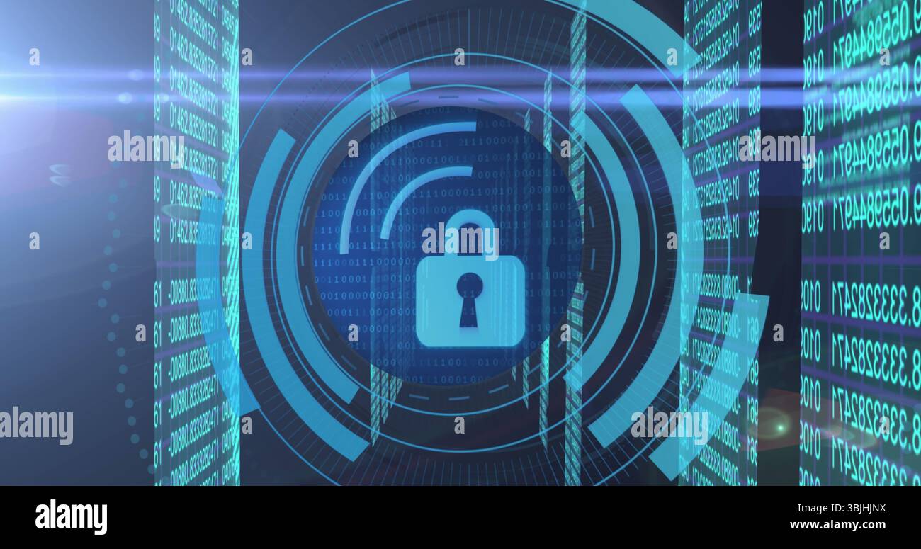 Displaying cyan padlock icon glowing in digital UI, with rings, arcs, binary panels, flare accents Stock Photo