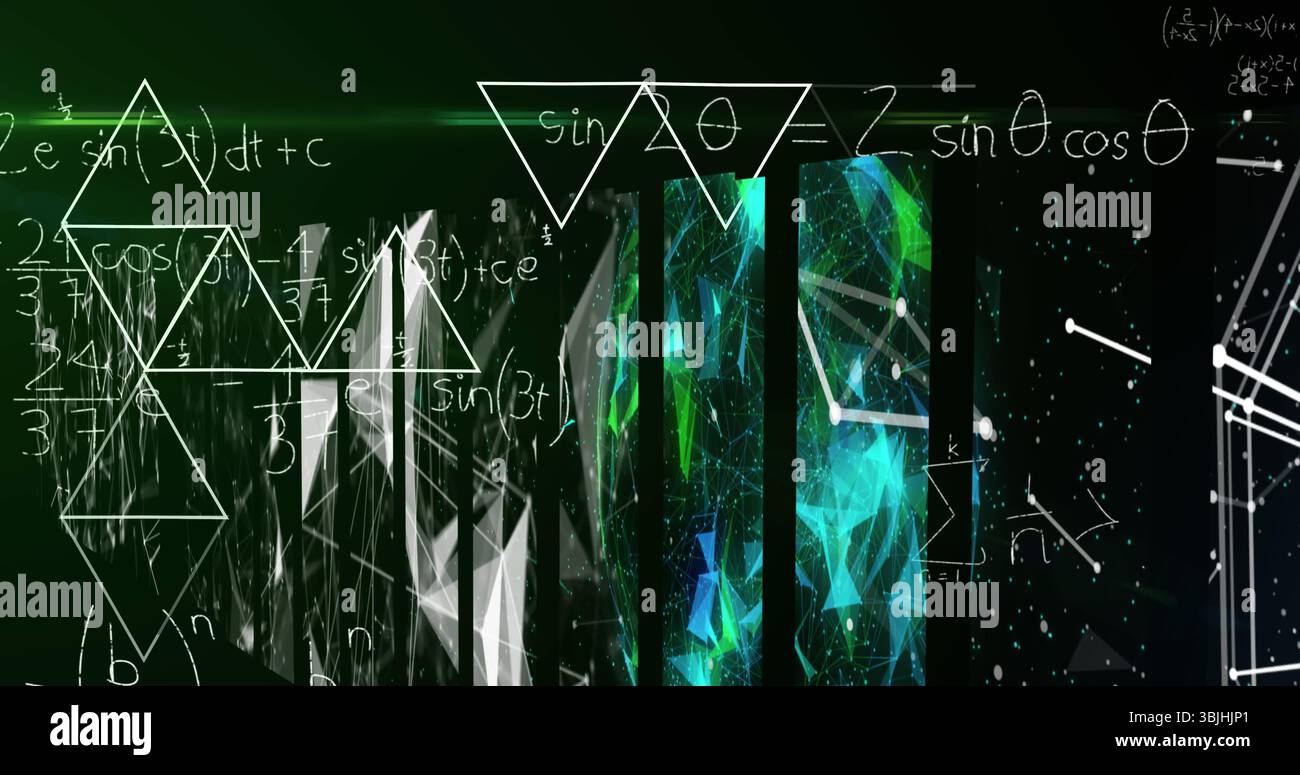 Displaying central white math formulas and green-blue mesh in digital interface, with network lines Stock Photo