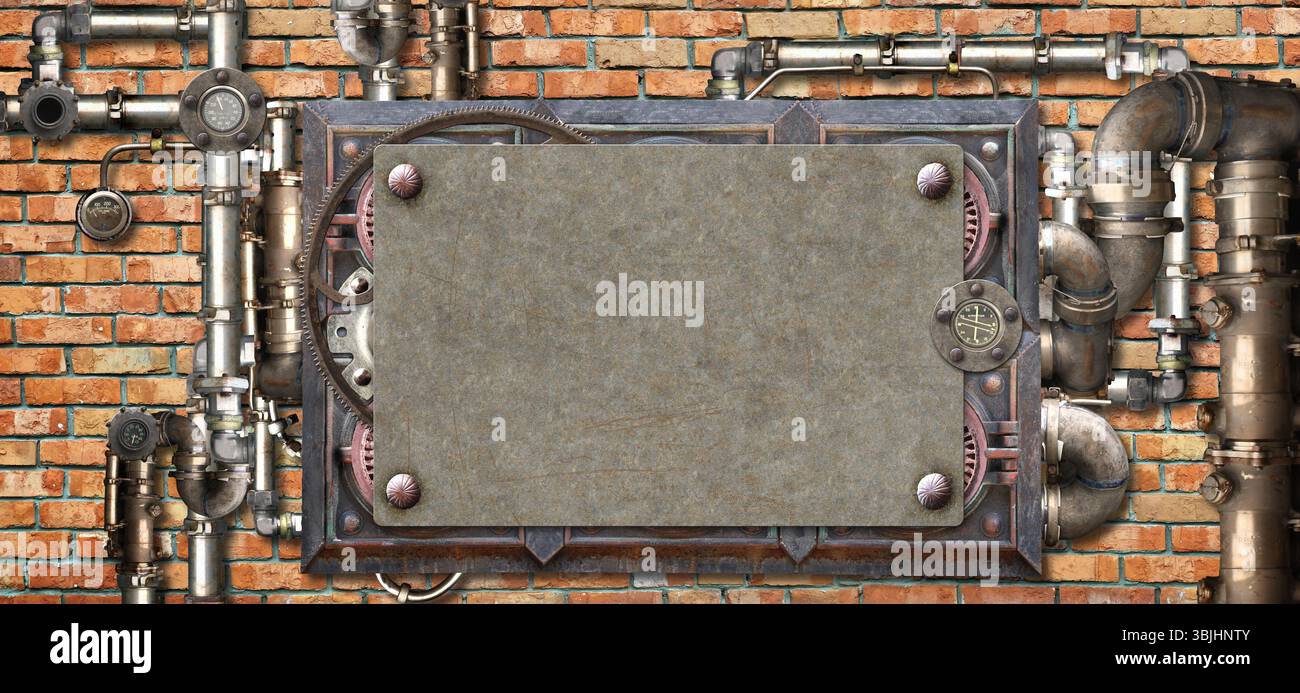 Metallic frame with vintage metal details, pipelines, gear, retro ...