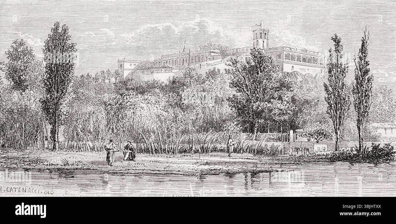 Chapultepec Castle, Chapultepec Hill, Chapultepec park, Mexico City, Mexico, 19th century.  From A Voyage to Yucatan, Mexico, by M. Charnay, 1860. Featured in Le Tour du Monde, published 1862. Stock Photo