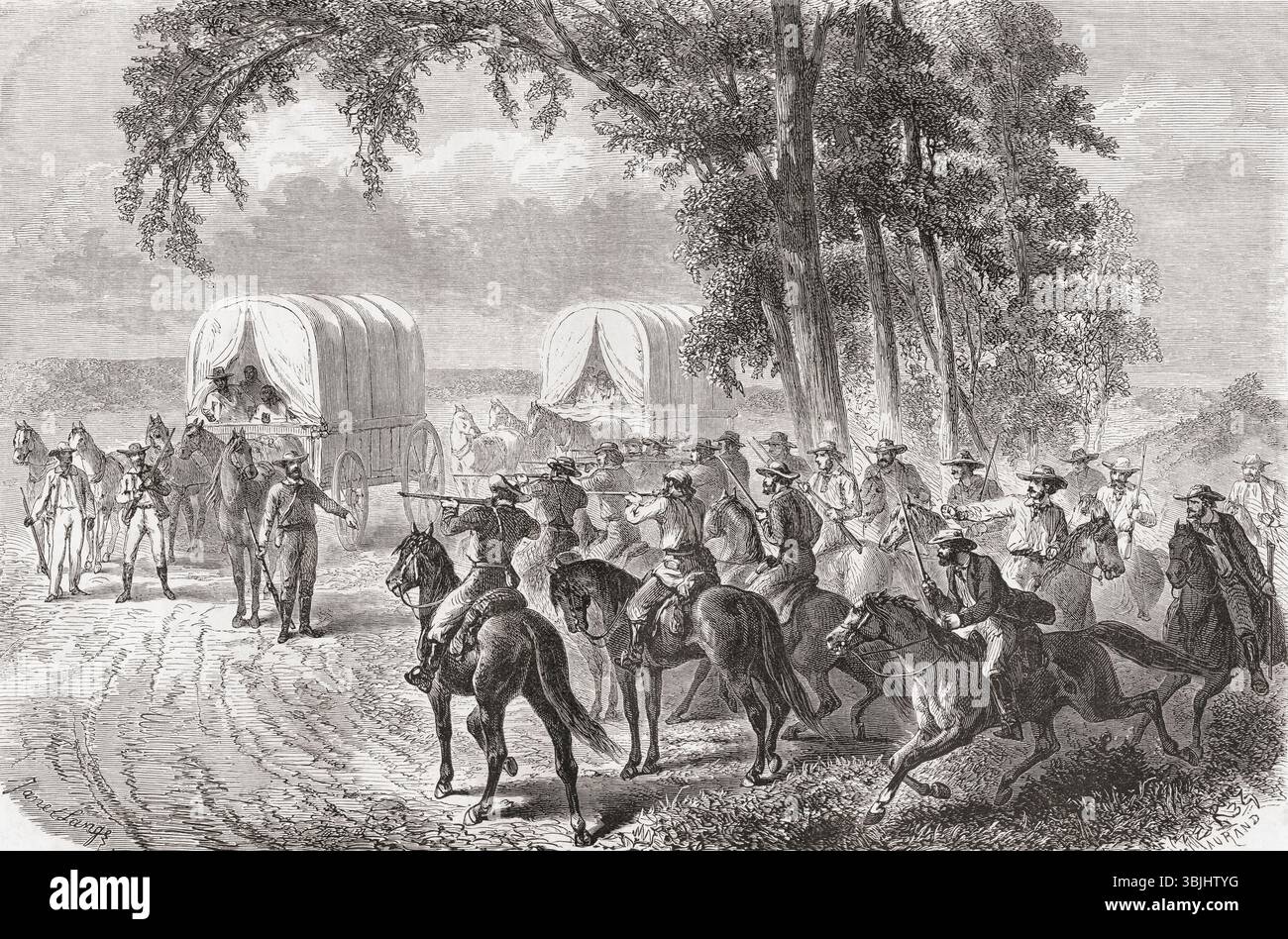 Doctor John Doy having freed 13 slaves and whilst attempting to take them north to Nebraska, 1859, is attacked by slave traders. John Doy, abolitionist and member of The Immortal Ten, a group of militant abolitionists and Free-Staters in the Kansas Territory.  From Adventures of an Abolitionist from Kansas in Missouri, by Doctor John Doy, 1855.  Featured in Le Tour du Monde, published 1862. Stock Photo