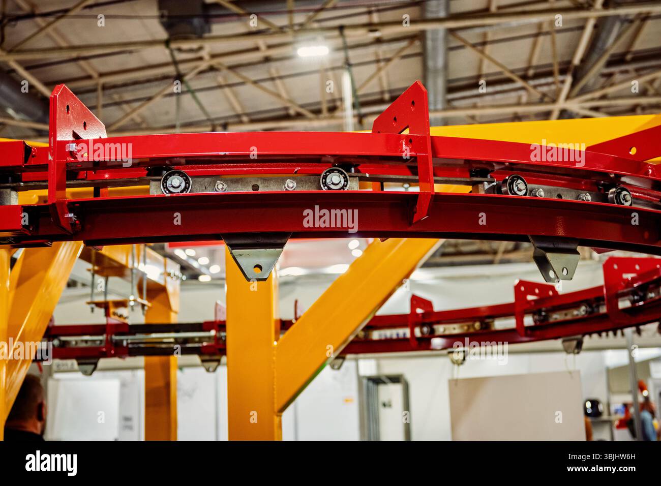Complex Industrial Conveyor System in Red and Yellow Colors Displayed ...