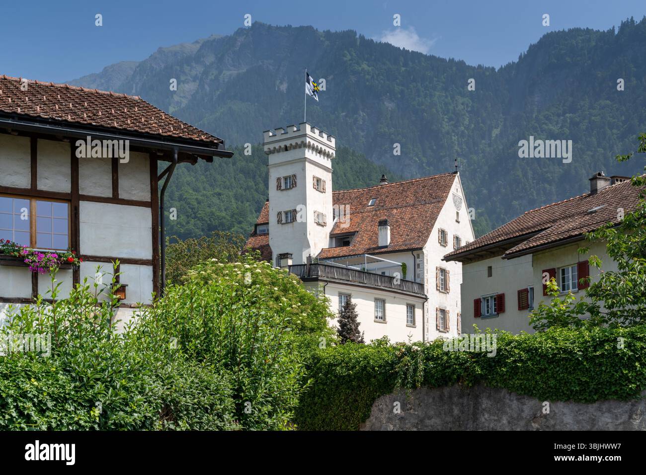 a view of the idyllic Swiss alpine village of Malans in the canton of Grisons Stock Photo