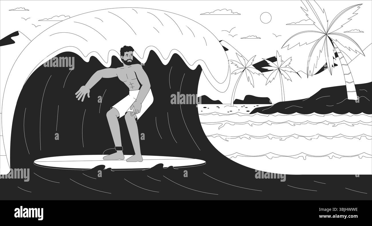 Male surfer riding big ocean wave near tropical beach lofi illustration ...
