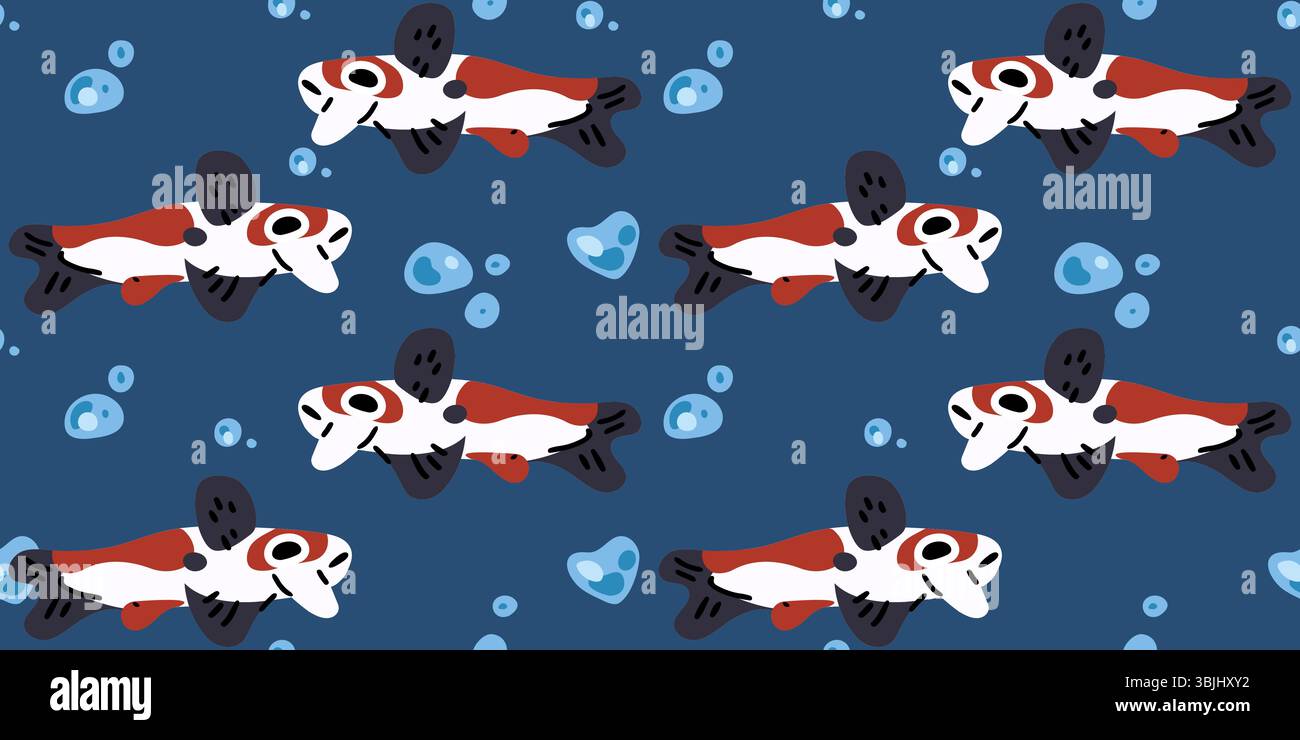 Seamless pattern with white and red koi fish swimming among blue bubbles on dark background. Flat cartoon style, stylized aquatic illustration. Stock Vector