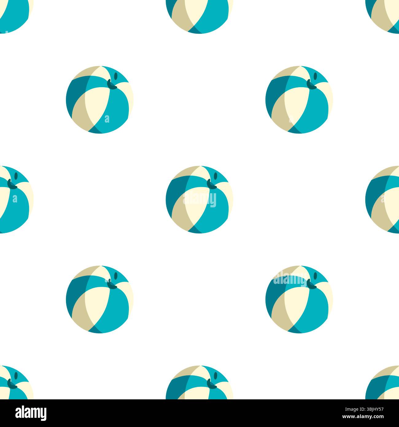 Seamless pattern with turquoise and cream beach balls on white background. Flat cartoon style, summer theme with minimal round elements. Stock Vector