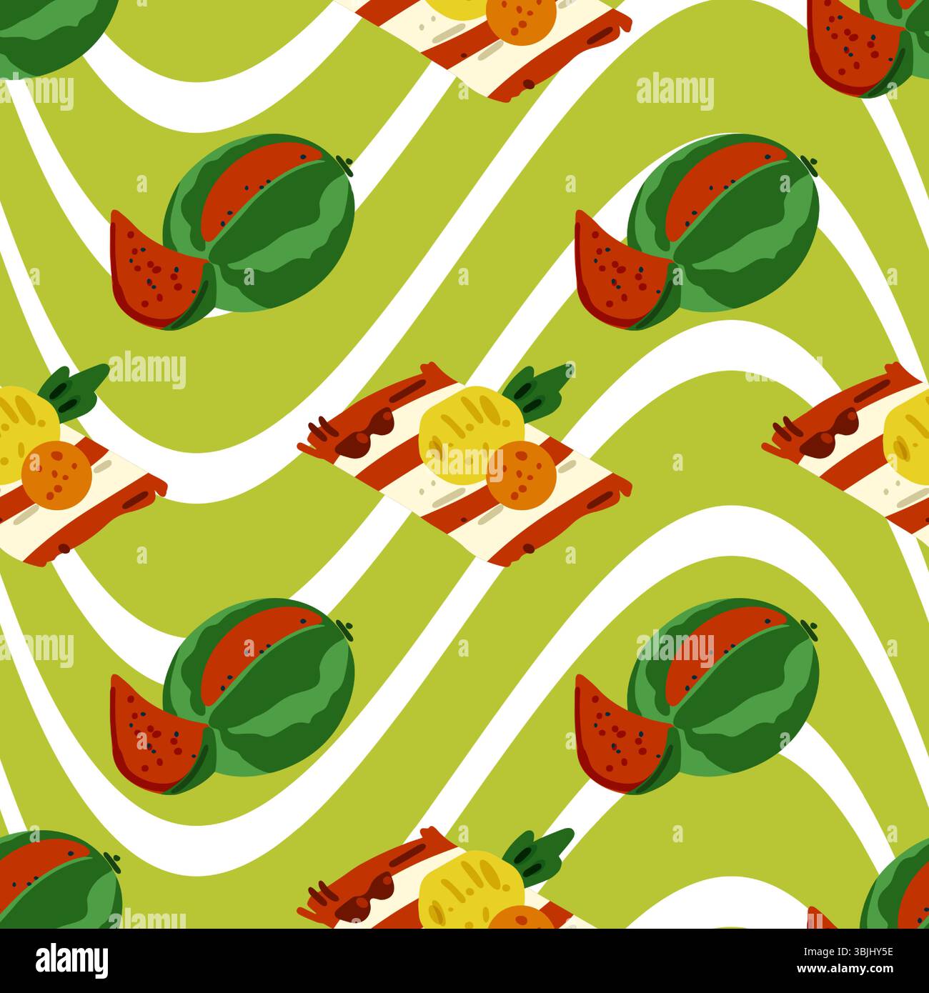 Seamless pattern with watermelons and picnic blankets filled with ...