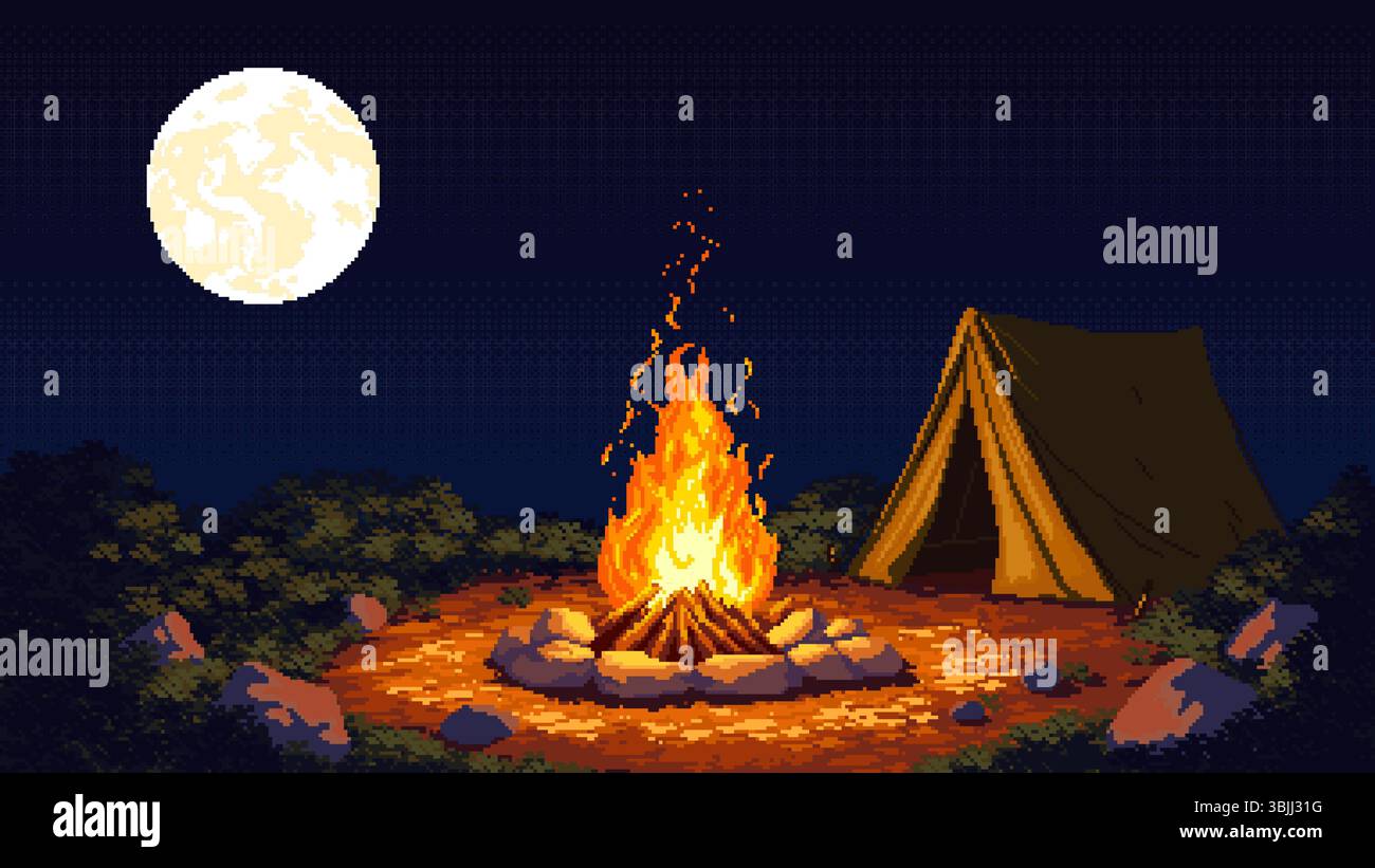 Pixel art landscape with a tent and glowing campfire surrounded by ...