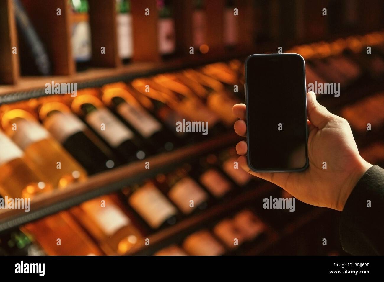 Hand Holding Smartphone in Wine Cellar Stock Photo