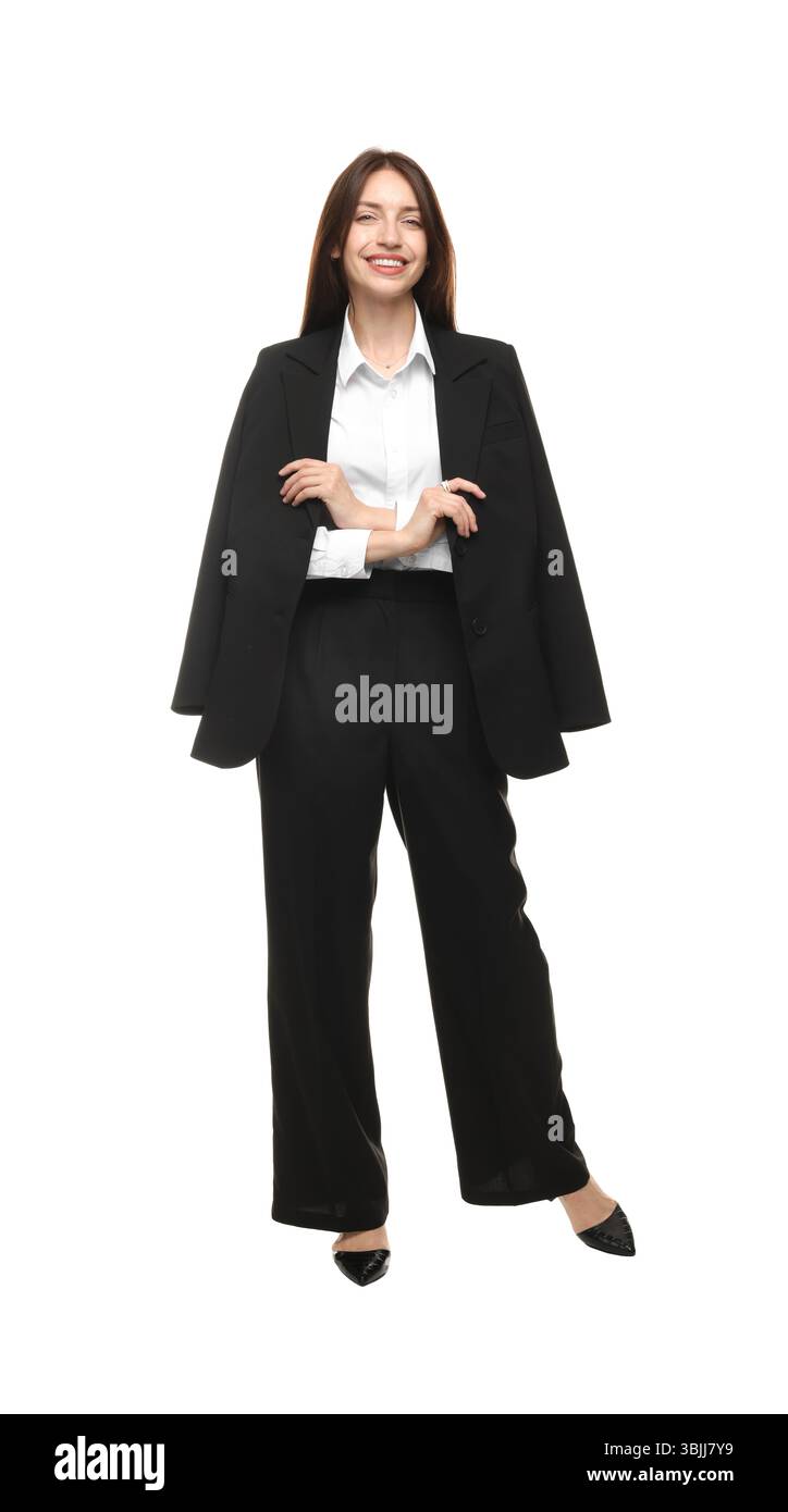 Happy woman in suit on white background Stock Photo - Alamy