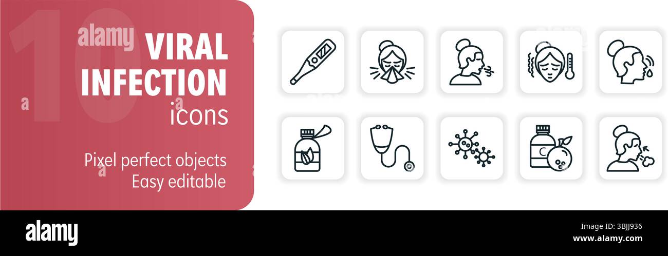 This set of icons illustrates various aspects of viral infections ...