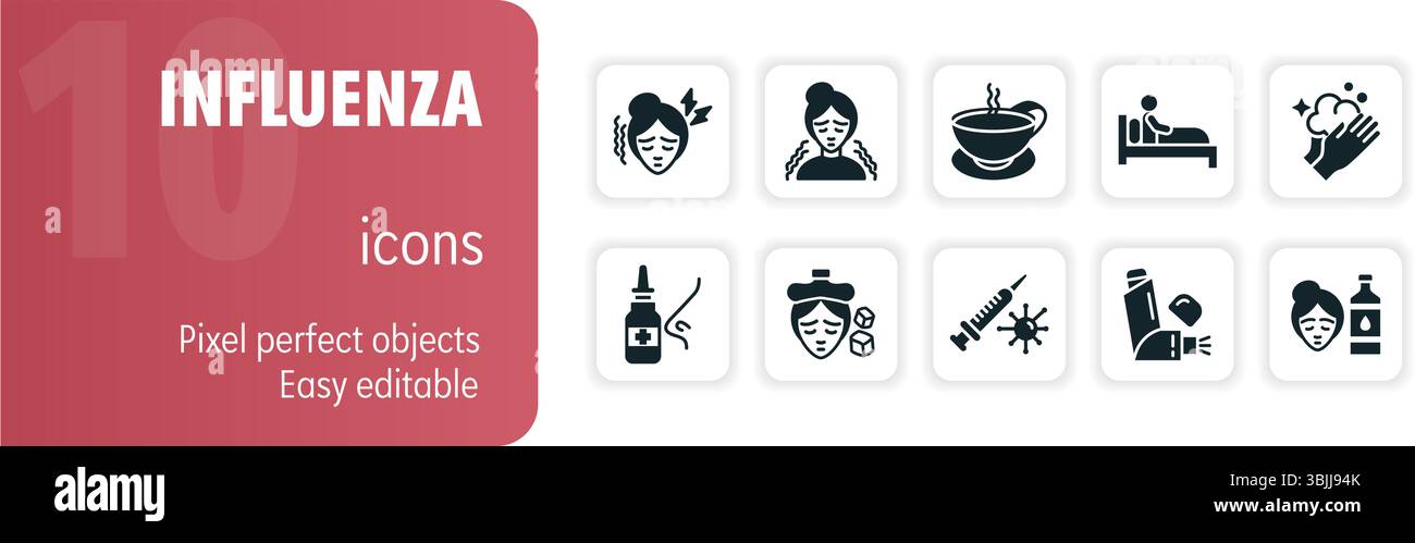 This set of icons depicts various aspects of influenza, including ...
