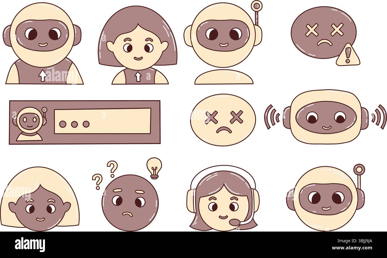 Chatbot, faces, virtual assistant and Human Emotion Icons for AI Interface. Vector icon set showing expressions, tech support, password security. Isol Stock Vector