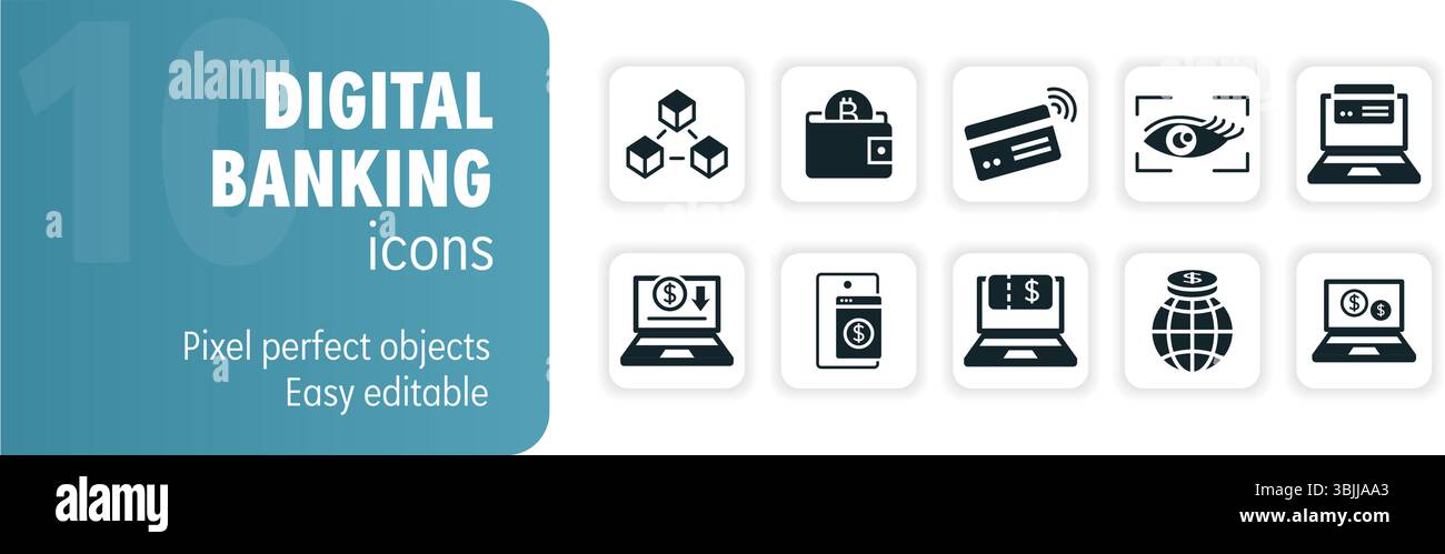 This set of icons represents various aspects of digital banking ...