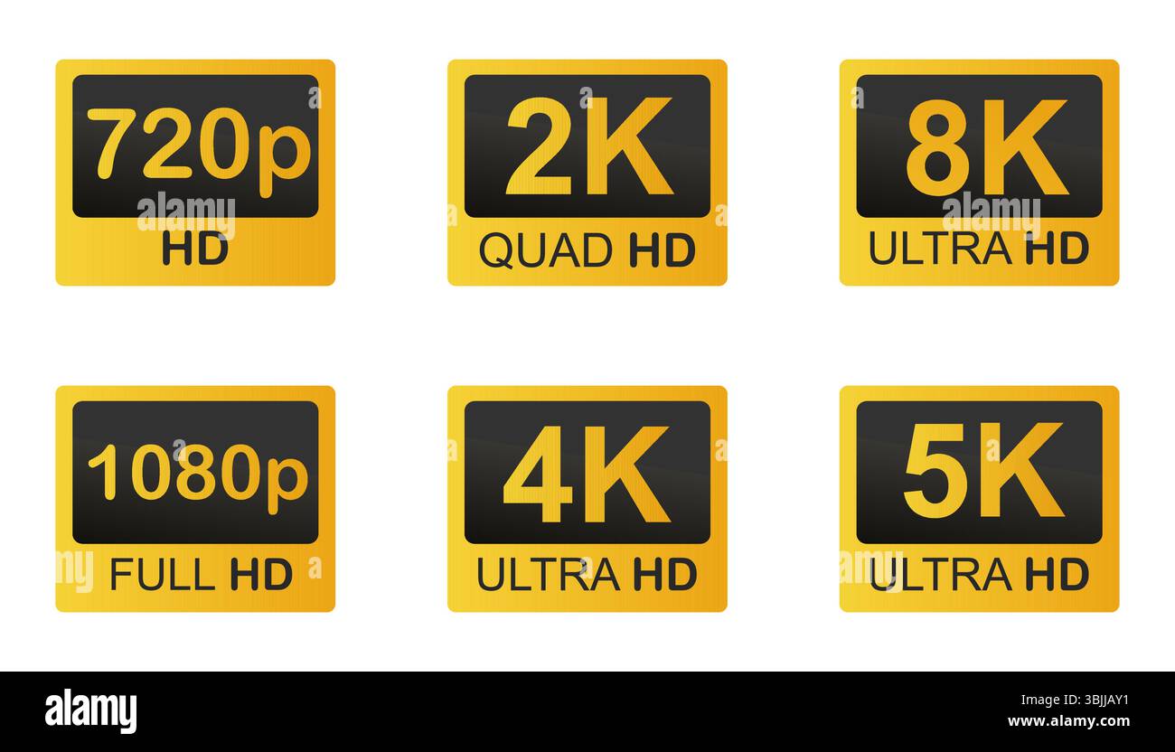 Video resolutions full ultra quad HD, video quality badge icon. Video resolution set. Vector illustration Stock Vector