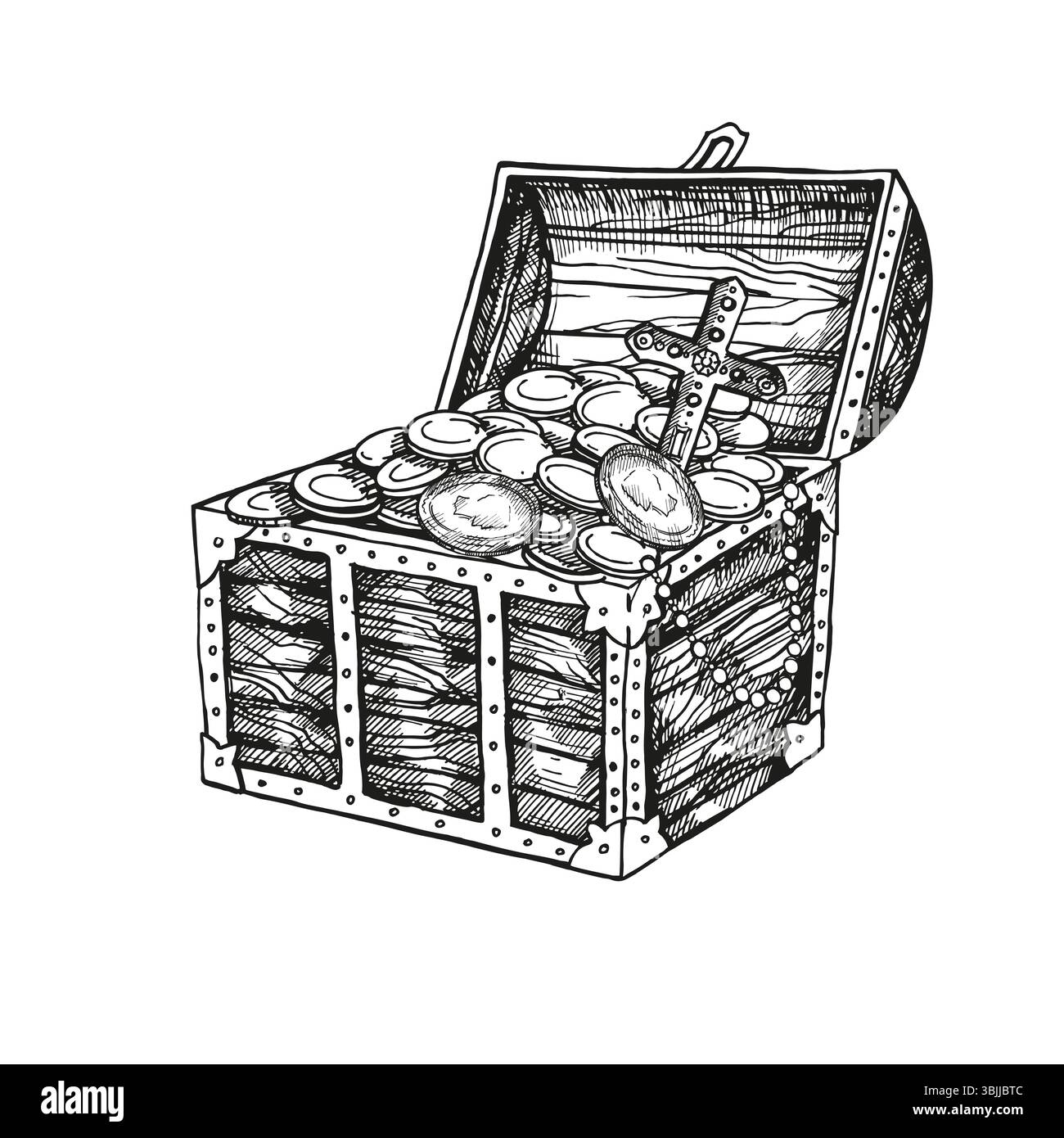 hand drawn vector old textured wooden full treasure chest with lid open ...