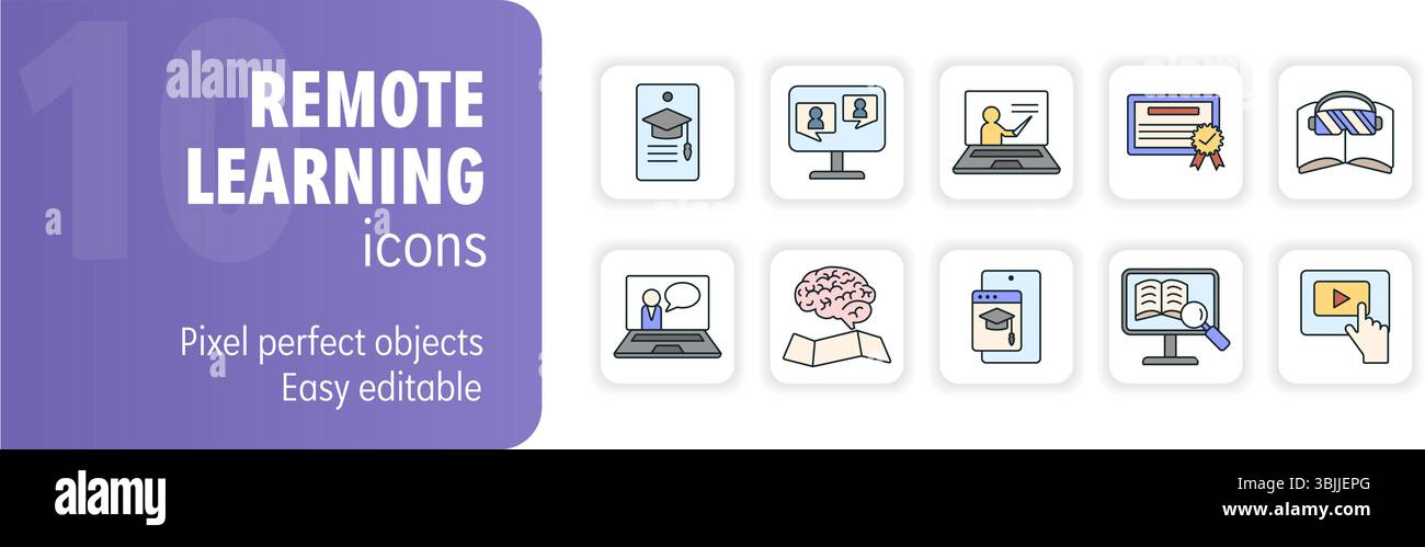 This colorful icon set illustrates the concept of remote learning with ...