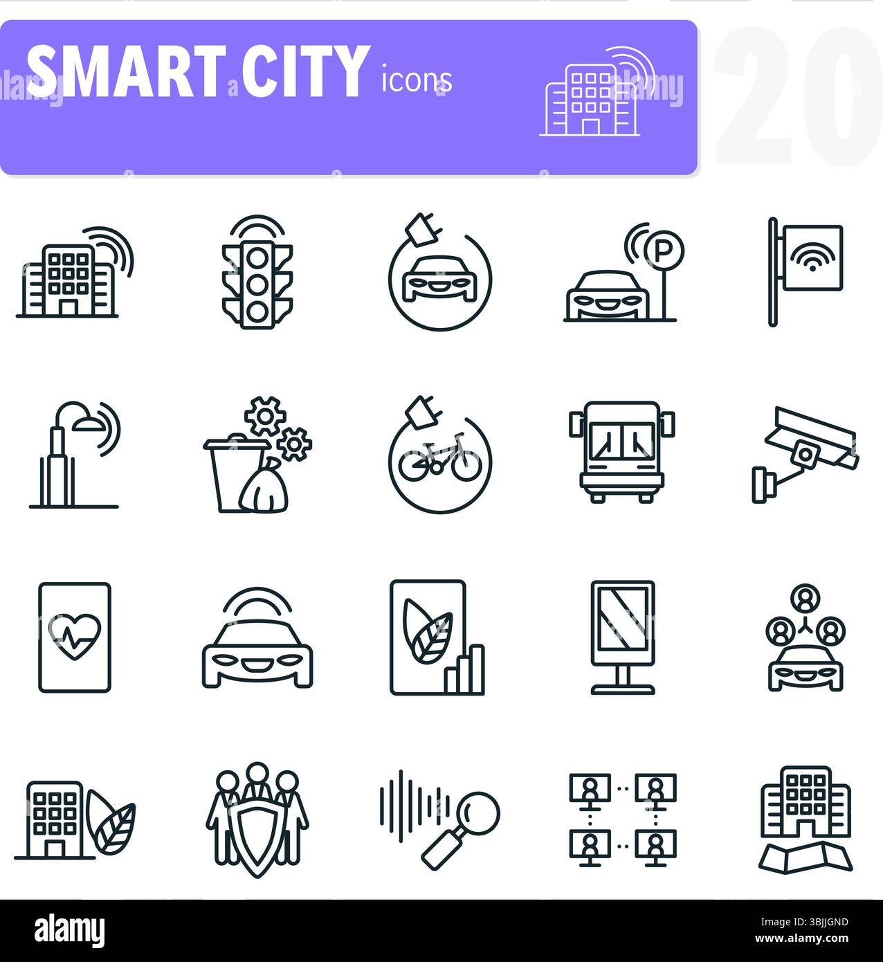 Smart city concept line icons featuring buildings, transportation, and technology for a sustainable future Stock Vector