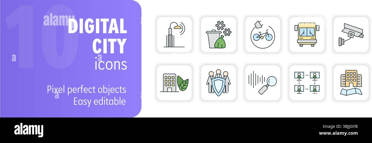 Digital city icon set featuring smart transportation, eco-friendly ...
