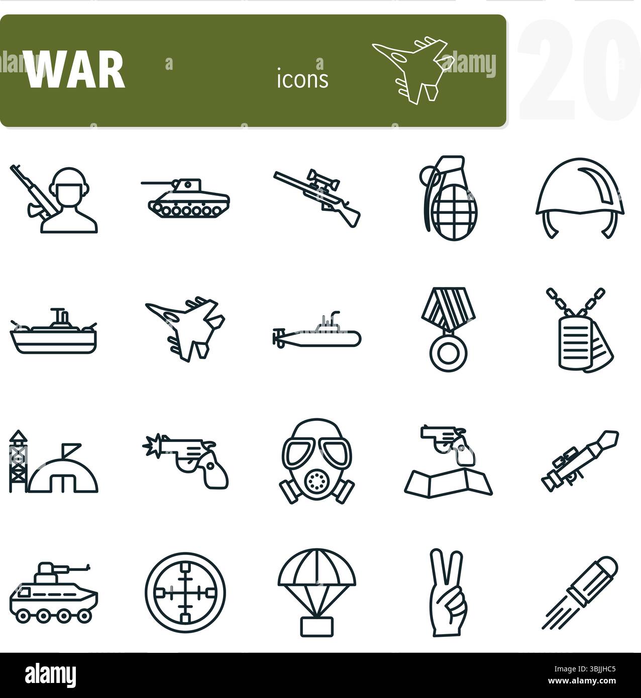 Set of 20 military and war icons featuring weapons, vehicles, and equipment Stock Vector