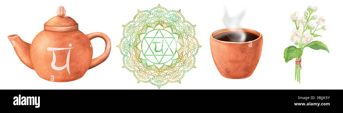 A bundle of watercolor clipart on the topic of balance heart chakra. Terracotta teapot, a cup with hot tea, jasmine bouquet, a golden green Anahata ch Stock Photo