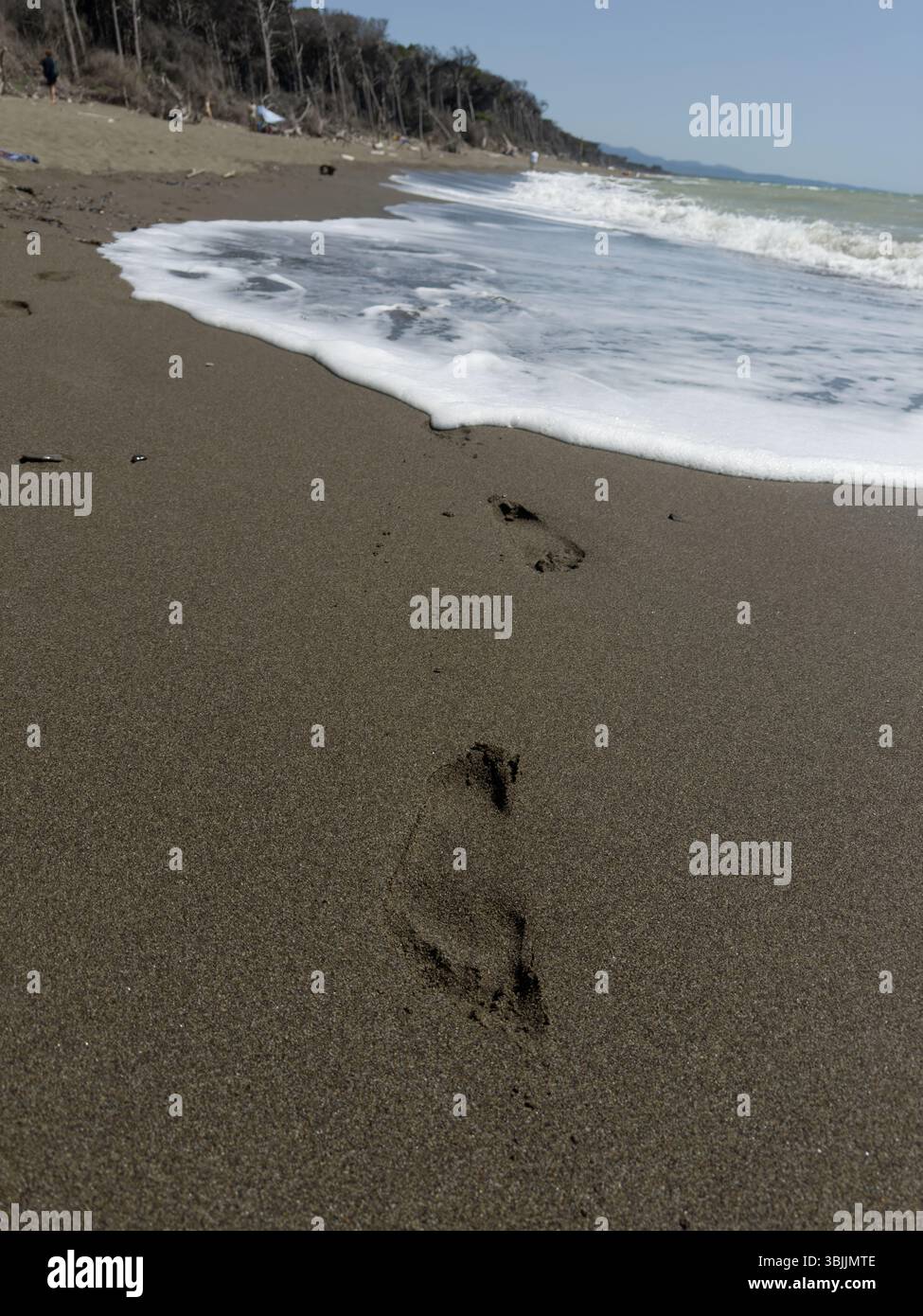 Footprints on lovely beach. close-up of human footprints in wet sand on seashore - Smartphone Captured Stock Image