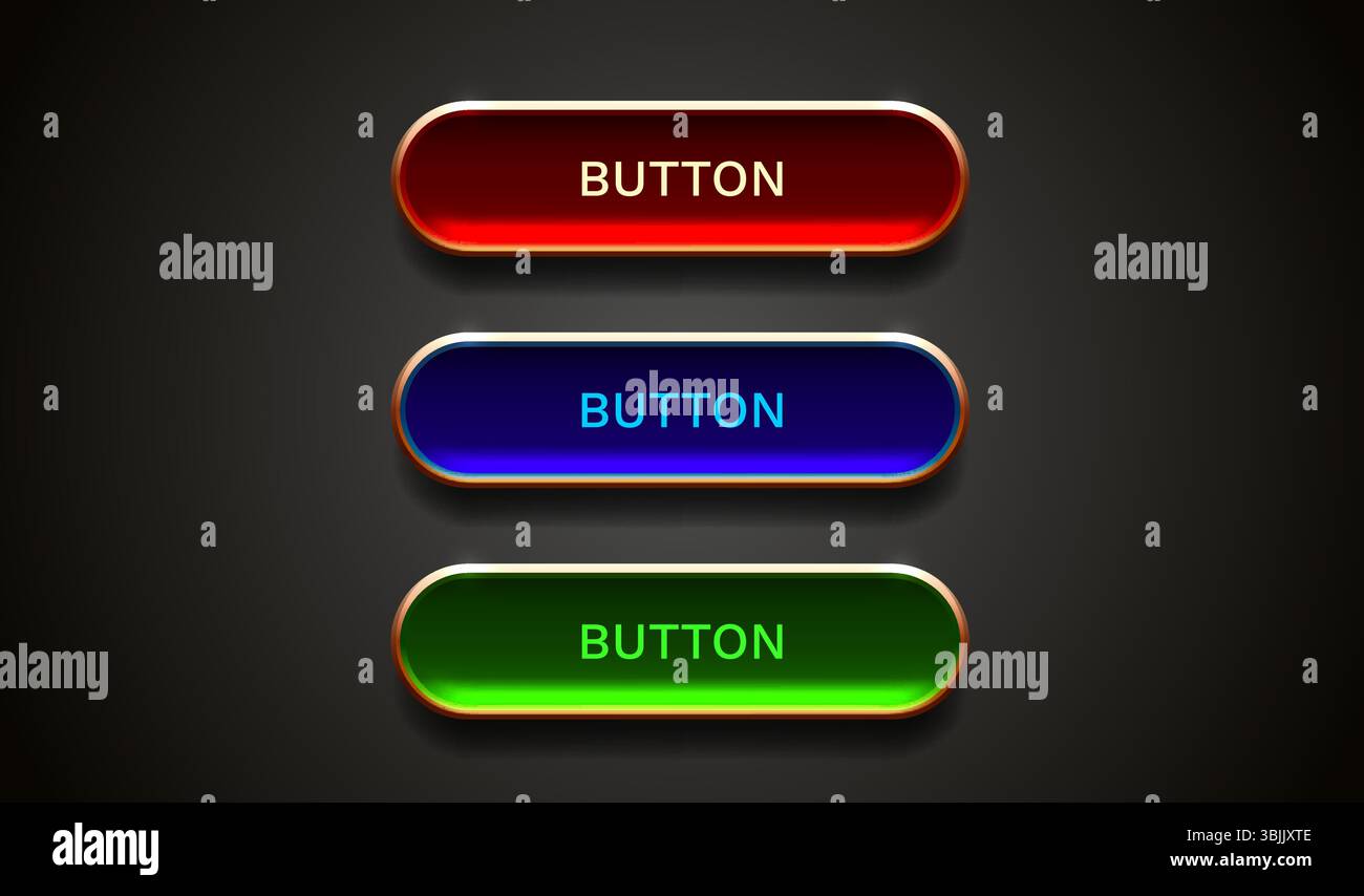 Light button, frame label, event bar casino, gold buttons with color. Vector Stock Vector