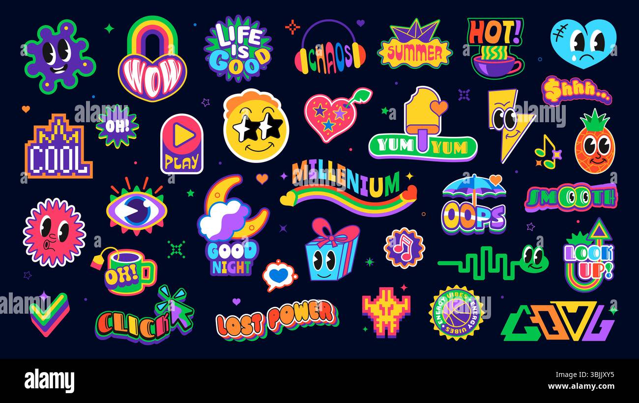 Funky y2k groovy patch stickers, retro labels set with text phrases ...