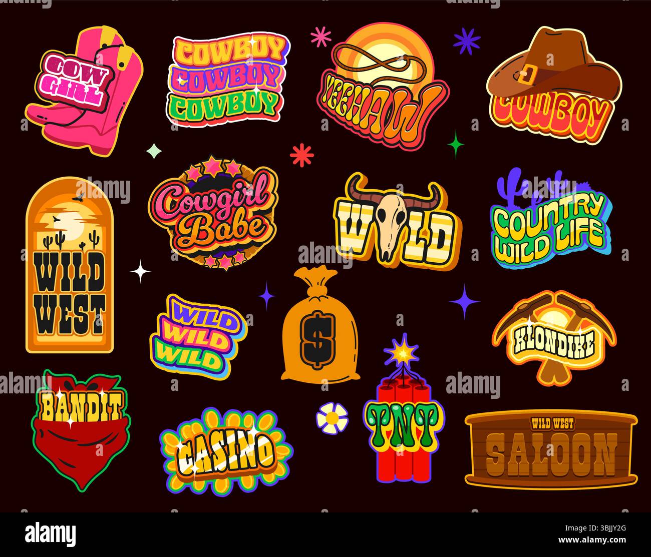 Wild west y2k groovy stickers, retro western patch labels. Cartoon ...