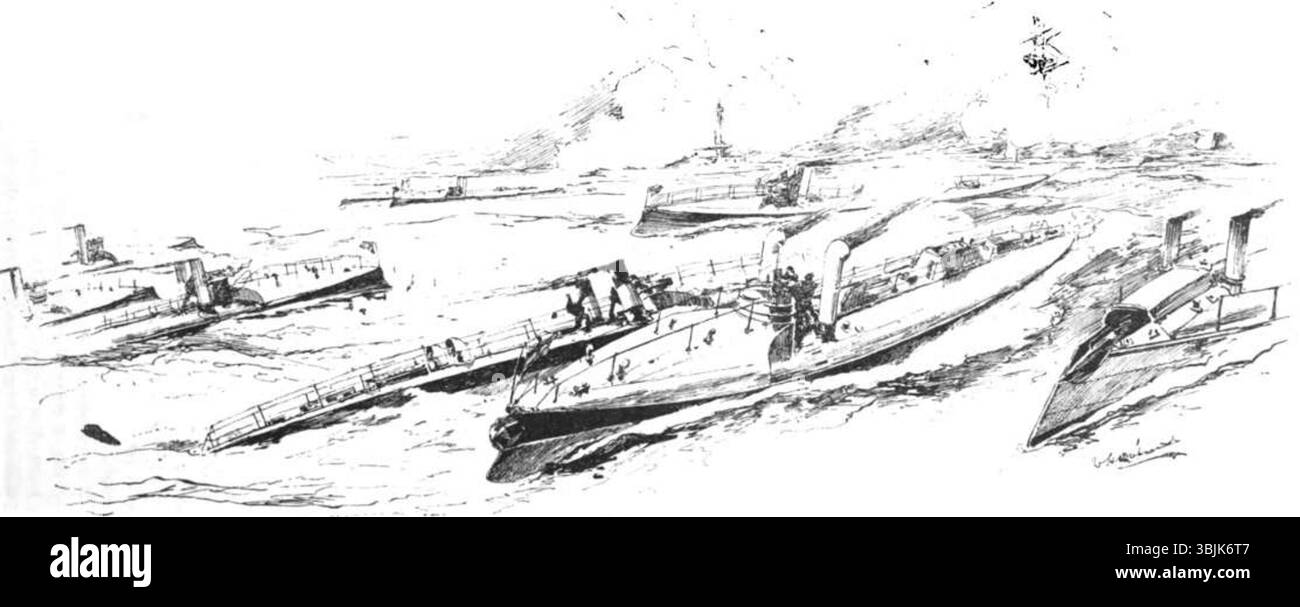 This illustration depicts Yarrow-class seagoing torpedo boats, powered by steam. These boats were designed for quick strikes and high-speed attacks in naval warfare during the late 19th century. Stock Photo