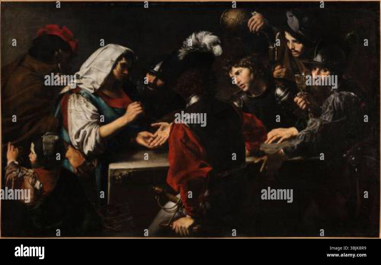 'Fortune Teller with Soldiers' (1620) by Valentin de Boulogne is an oil painting depicting a group of soldiers around a fortune teller. The painting reflects the Baroque style with its dramatic lighting and realistic portrayal of figures. Stock Photo