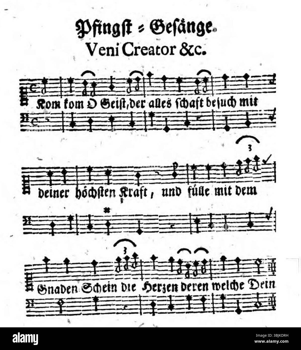 Heinrich Lindenborn’s 1741 version of 'Komm, komm, o Geist, der alles schafft' is a German translation of the hymn 'Veni Creator Spiritus' from his Gesangbuch Tochter Sion. The melody later influenced Heinrich Bone’s 'Komm, Schöpfer Geist, kehr bei uns ein.' This work combines religious text with a melody featuring a figured bass. Stock Photo