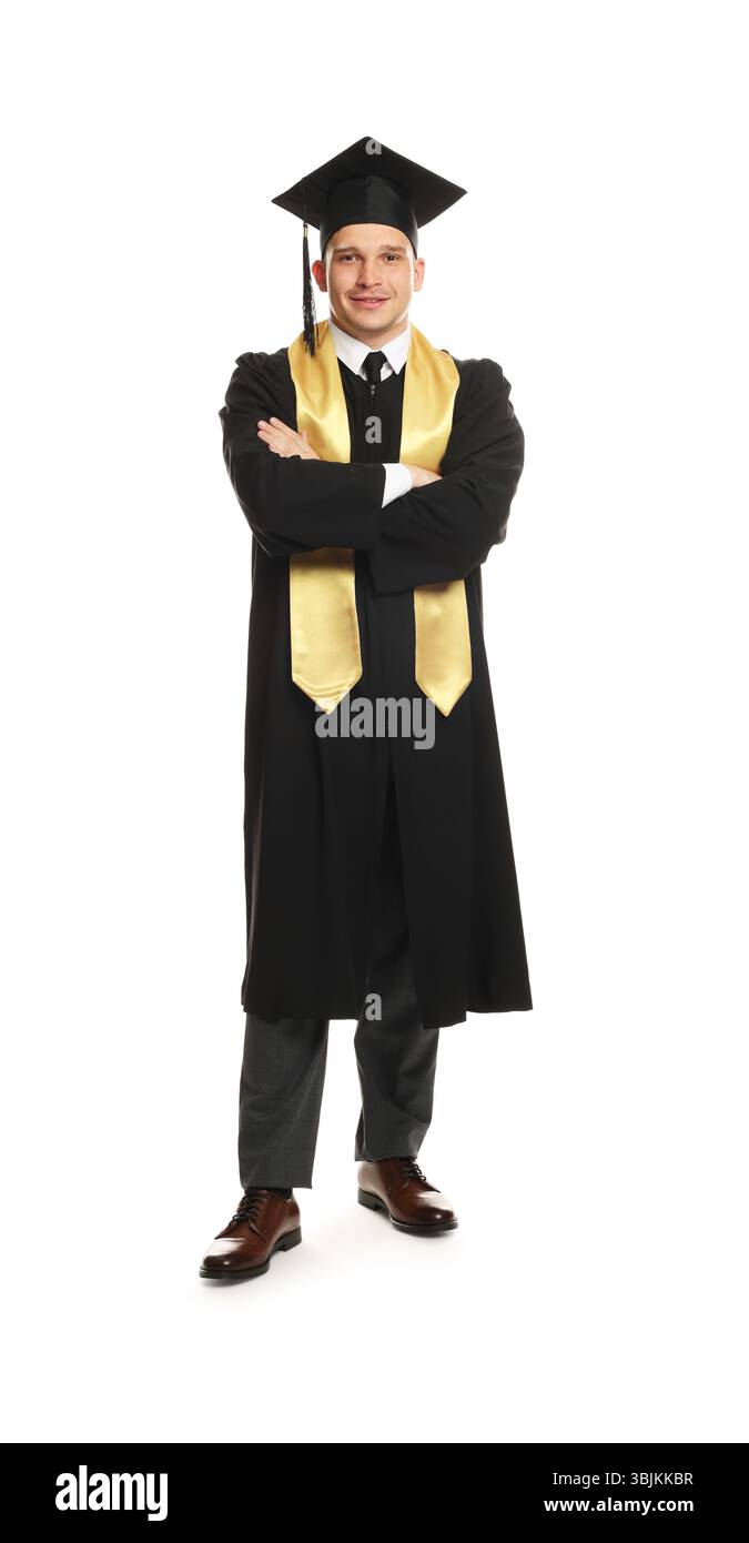 Happy student after graduation on white background Stock Photo - Alamy