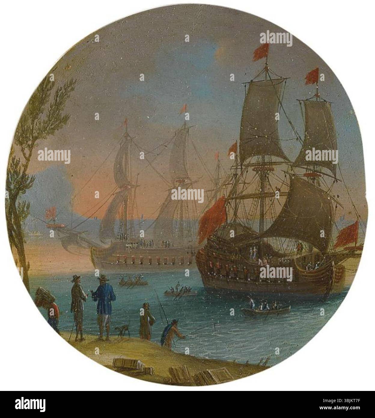 Painting by Orazio Grevenbroeck from the 1700s showing a harbor scene in Naples with men-of-war ships. Executed in oil on copper, circular format. Stock Photo
